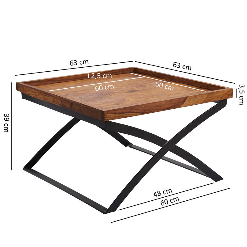 Couchtisch WL5.595 63x63cm Sheesham Massivholz Metall Industrial Braun
