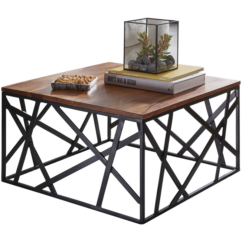 Couchtisch BAKAL 60x35x60cm Sheesham Massivholz Metall Industrial Braun