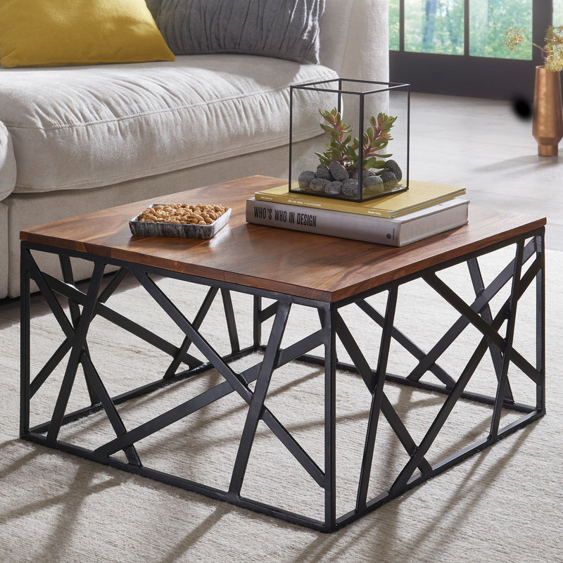 Couchtisch BAKAL 60x35x60cm Sheesham Massivholz Metall Industrial Braun