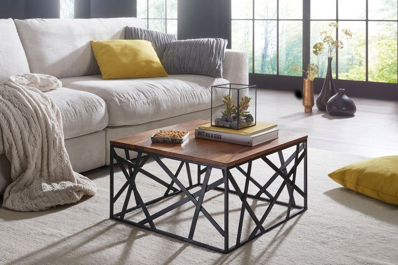 Couchtisch BAKAL 60x35x60cm Sheesham Massivholz Metall Industrial Braun