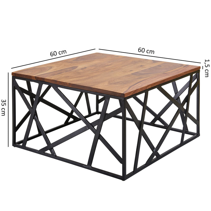 Couchtisch BAKAL 60x35x60cm Sheesham Massivholz Metall Industrial Braun