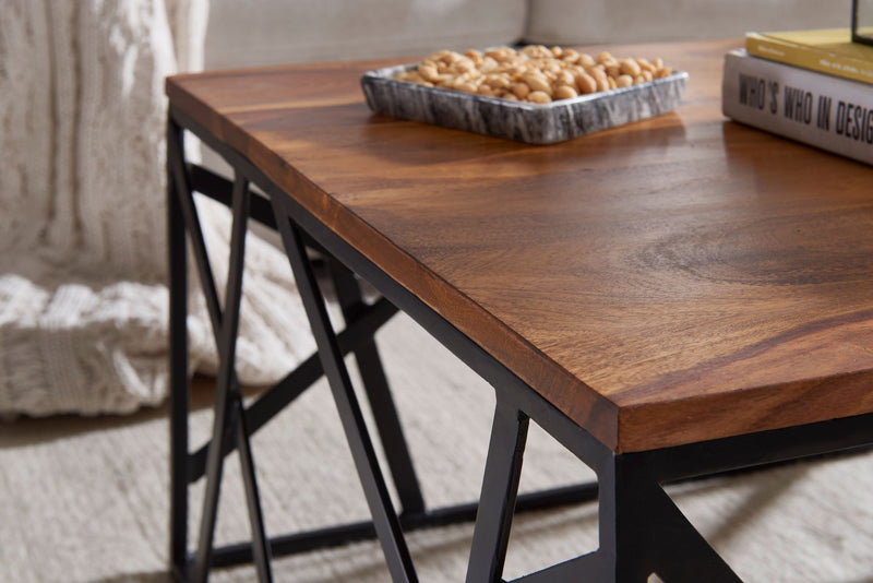 Couchtisch BAKAL 60x35x60cm Sheesham Massivholz Metall Industrial Braun