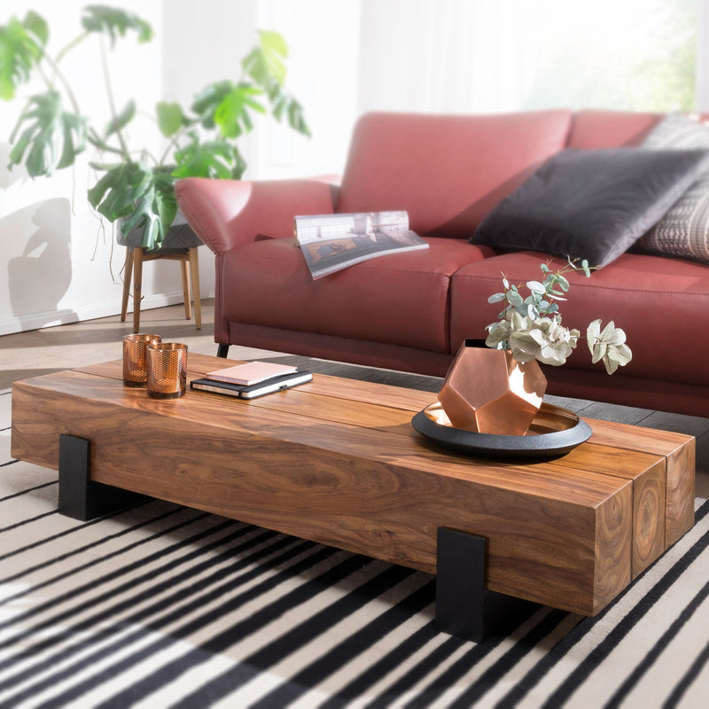 Couchtisch Sheesham Massivholz Metall 115x22x44cm Braun Schwarz Modern