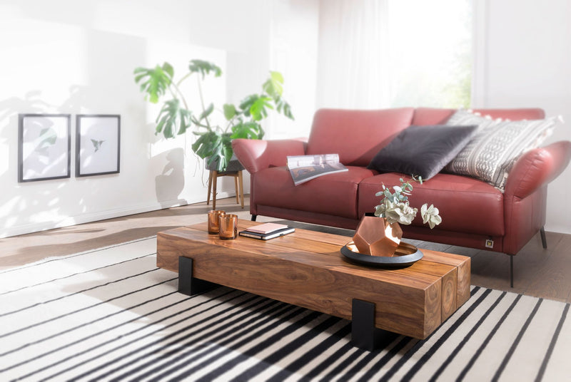 Couchtisch Sheesham Massivholz Metall 115x22x44cm Braun Schwarz Modern