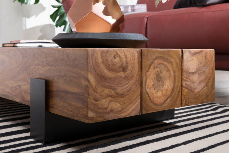 Couchtisch Sheesham Massivholz Metall 115x22x44cm Braun Schwarz Modern