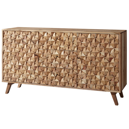 Sideboard REWA 140x78,5x40cm Akazie Massivholz Landhaus Braun mit geometrisch gemusterter Frontfläche, Gesamtansicht.