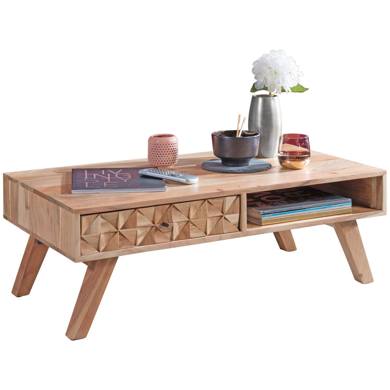 Couchtisch REWA 95x35x50cm Akazie Massivholz Schublade Landhaus Braun