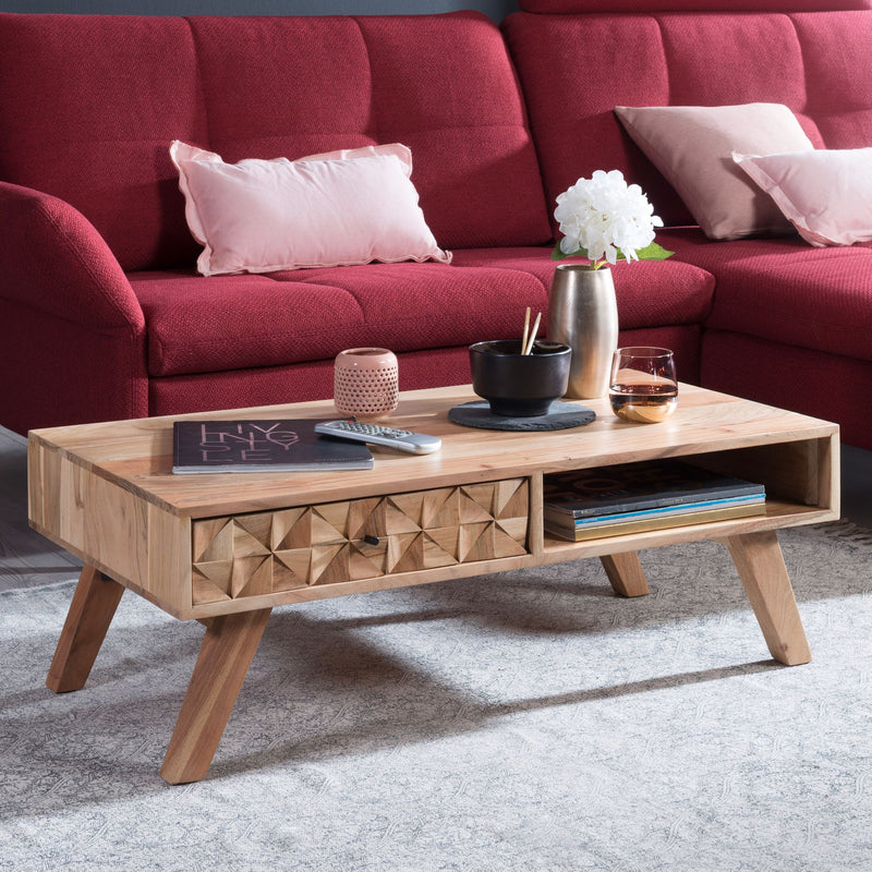 Couchtisch REWA 95x35x50cm Akazie Massivholz Schublade Landhaus Braun