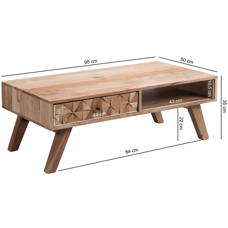 Couchtisch REWA 95x35x50cm Akazie Massivholz Schublade Landhaus Braun