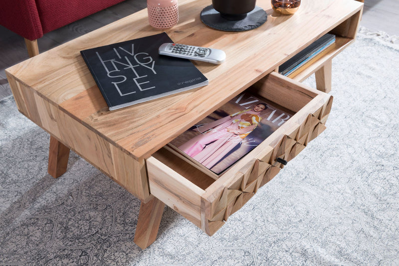 Couchtisch REWA 95x35x50cm Akazie Massivholz Schublade Landhaus Braun