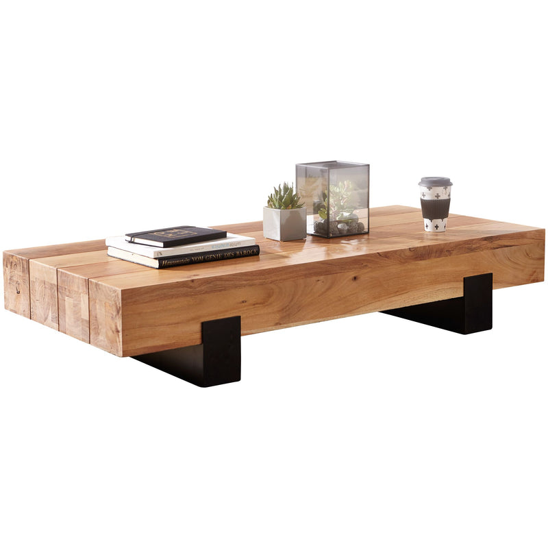 Couchtisch Akazie Vollholz Metall 130x59x25cm Braun Schwarz Modern