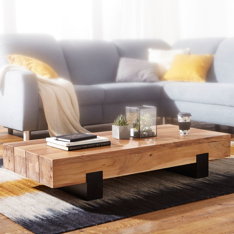 Couchtisch Akazie Vollholz Metall 130x59x25cm Braun Schwarz Modern