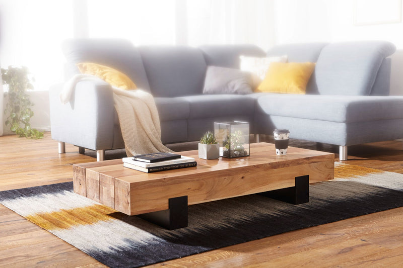 Couchtisch Akazie Vollholz Metall 130x59x25cm Braun Schwarz Modern