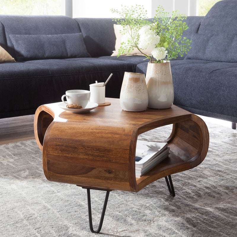 Couchtisch WL5.603 Sheesham massiv 55x55x38cm Ablage Metall Retro Braun