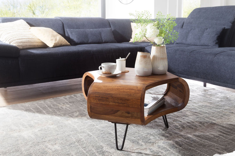 Couchtisch WL5.603 Sheesham massiv 55x55x38cm Ablage Metall Retro Braun