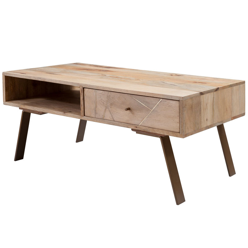 Couchtisch SIKAR 95x42x50cm Mango Massivholz Metall Schublade Braun