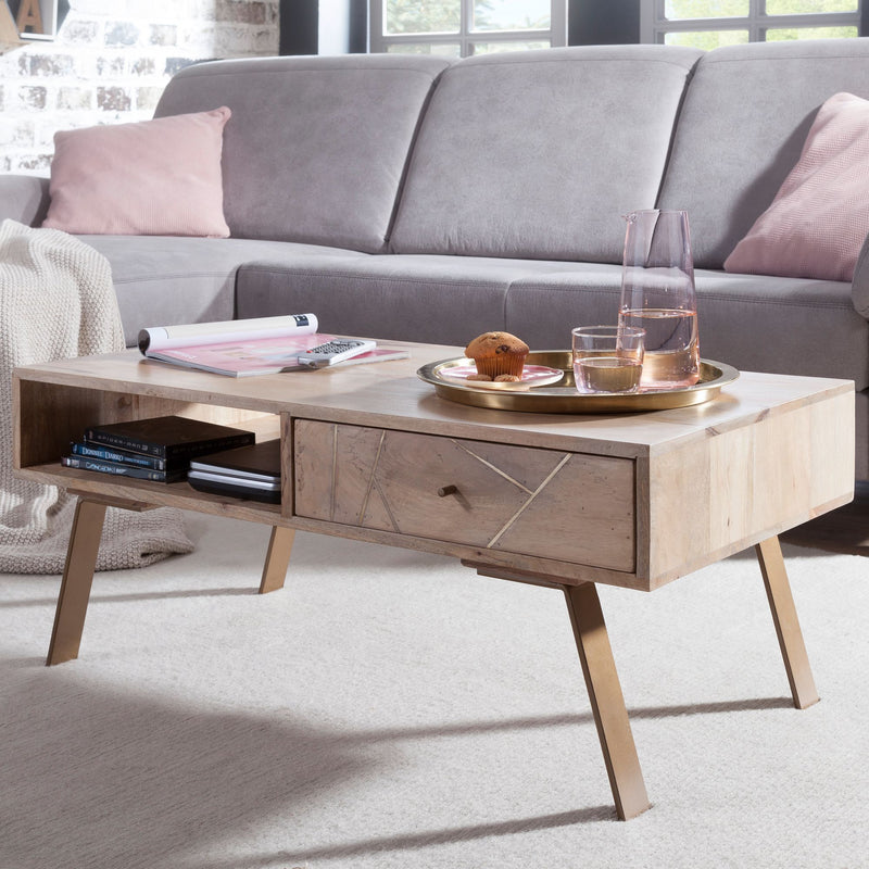 Couchtisch SIKAR 95x42x50cm Mango Massivholz Metall Schublade Braun