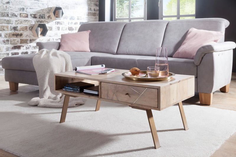 Couchtisch SIKAR 95x42x50cm Mango Massivholz Metall Schublade Braun