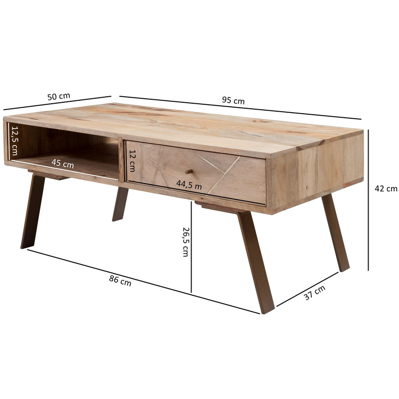 Couchtisch SIKAR 95x42x50cm Mango Massivholz Metall Schublade Braun