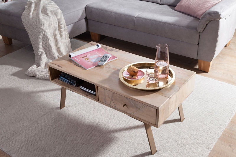 Couchtisch SIKAR 95x42x50cm Mango Massivholz Metall Schublade Braun