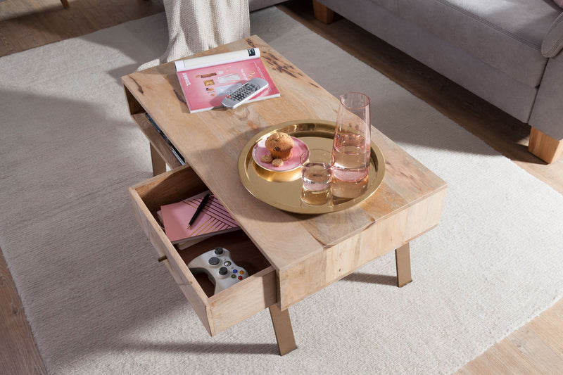 Couchtisch SIKAR 95x42x50cm Mango Massivholz Metall Schublade Braun