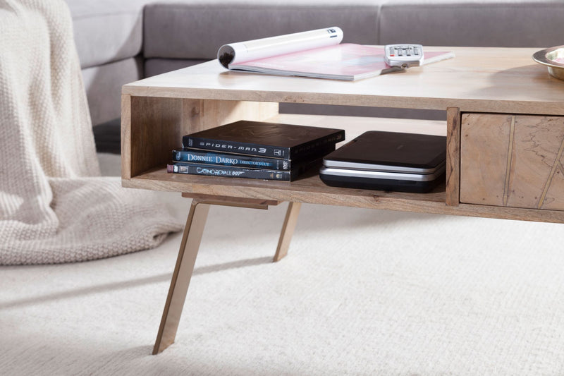 Couchtisch SIKAR 95x42x50cm Mango Massivholz Metall Schublade Braun