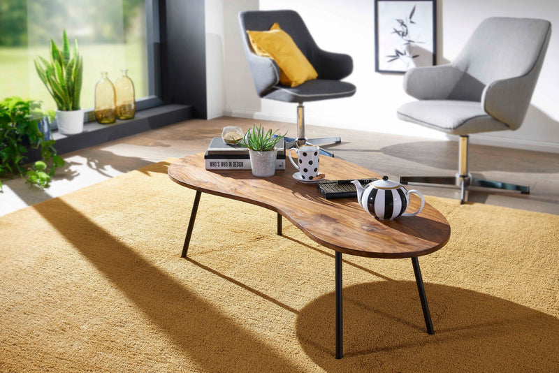 Couchtisch WL5.617 122x36x63cm Sheesham Massivholz Metallbeine Schwarz