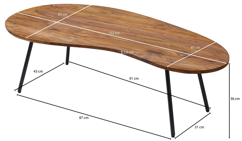 Couchtisch WL5.617 122x36x63cm Sheesham Massivholz Metallbeine Schwarz