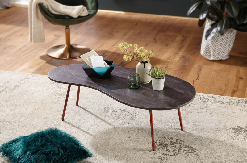 Couchtisch JAI 122x34,5x63cm Akazie Massivholz Metallbeine Kupfer Grau