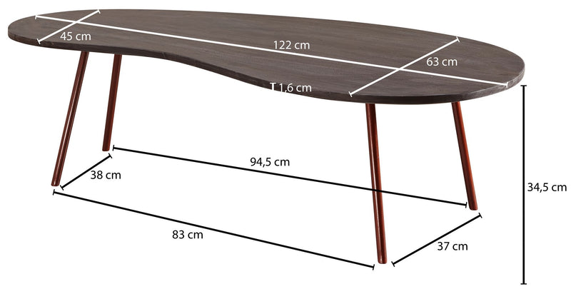 Couchtisch JAI 122x34,5x63cm Akazie Massivholz Metallbeine Kupfer Grau