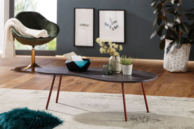 Couchtisch JAI 122x34,5x63cm Akazie Massivholz Metallbeine Kupfer Grau