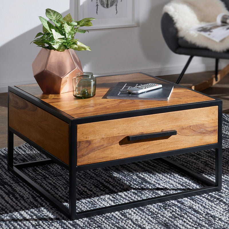 Couchtisch WL5.623 Sheesham Massivholz Metall Industrial Braun 65x38x65cm