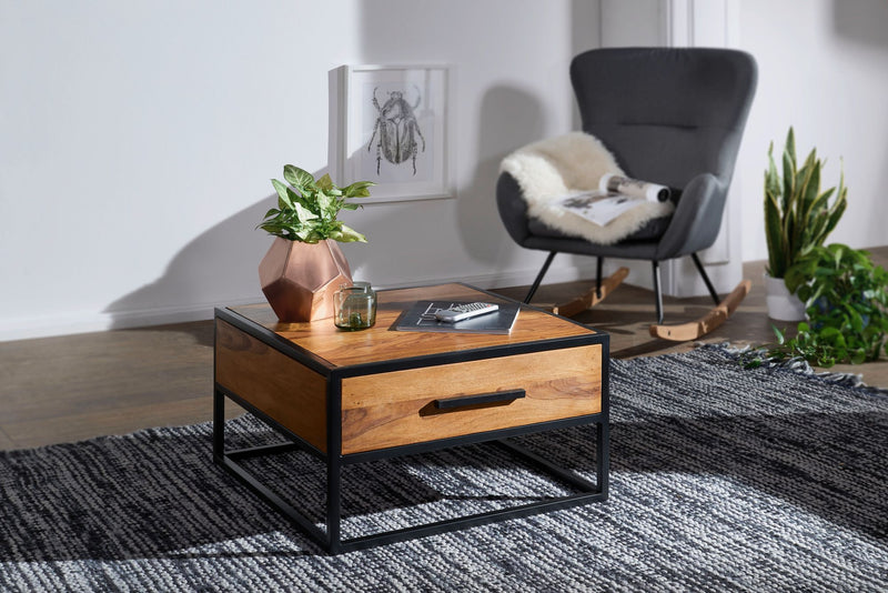 Couchtisch WL5.623 Sheesham Massivholz Metall Industrial Braun 65x38x65cm