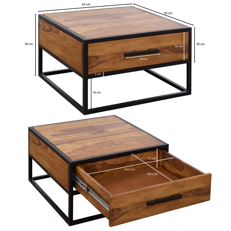 Couchtisch WL5.623 Sheesham Massivholz Metall Industrial Braun 65x38x65cm
