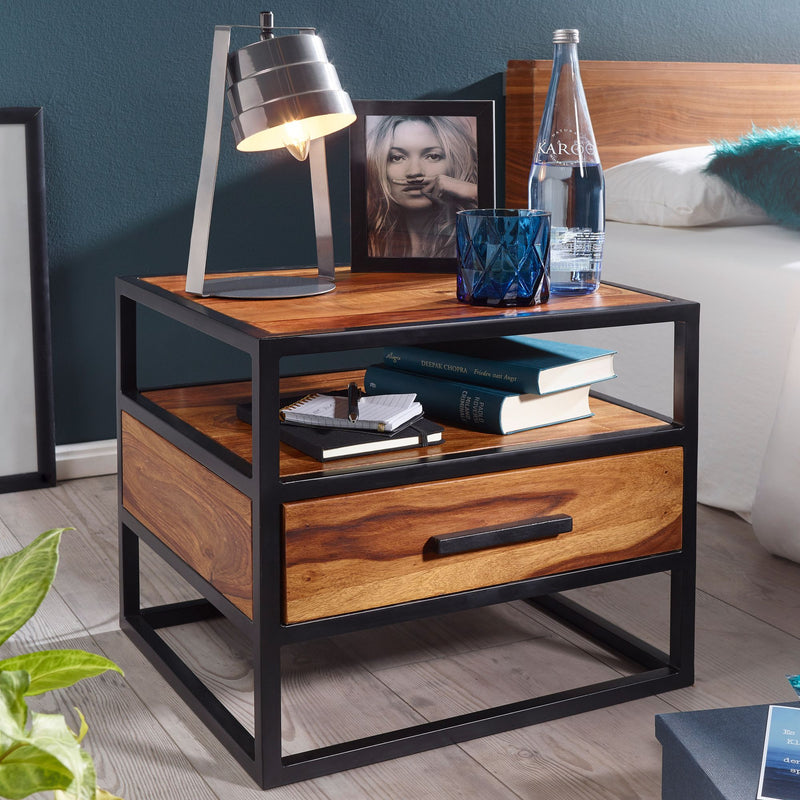 Nachtkonsole WL5.624 Sheesham Holz Metall Schwarz Schublade Industrial