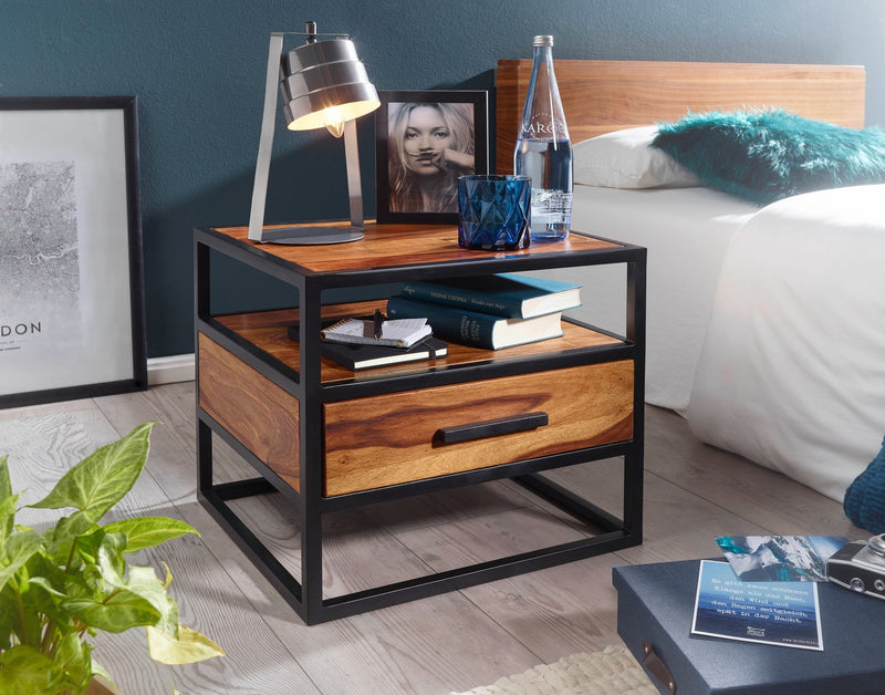 Nachtkonsole WL5.624 Sheesham Holz Metall Schwarz Schublade Industrial