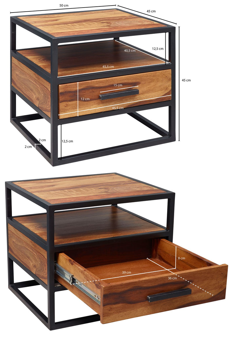 Nachtkonsole WL5.624 Sheesham Holz Metall Schwarz Schublade Industrial
