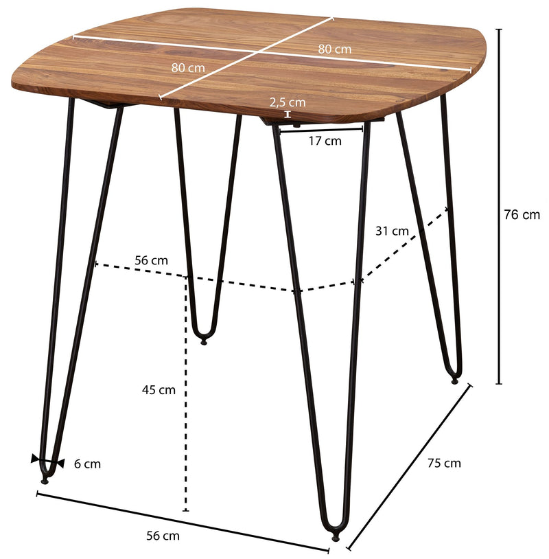 Esszimmertisch 80x80x76cm Sheesham Massivholz Metallbeine Braun Modern