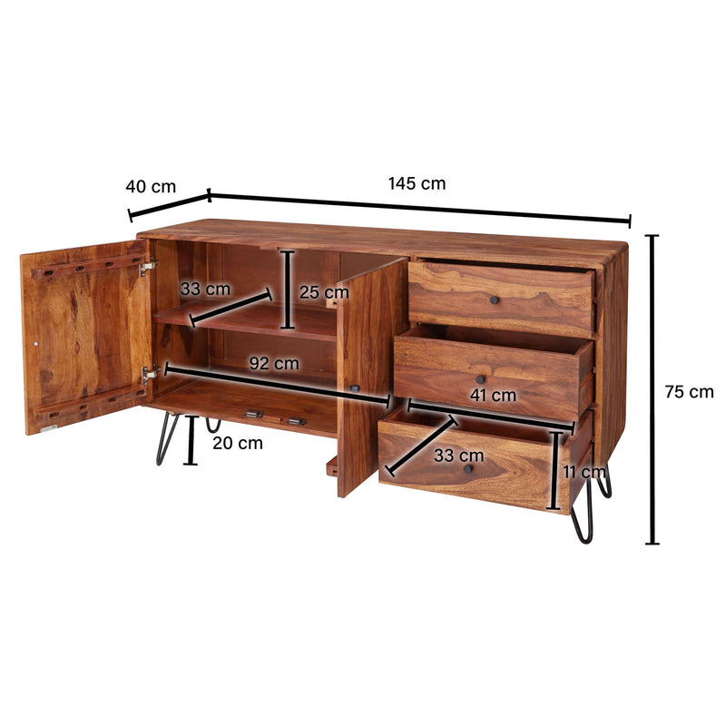 Sideboard WL5.629 Sheesham Massivholz 145x75x40cm Landhaus 3 Schubladen