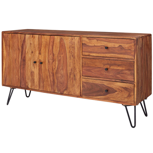 Sideboard WL5.629 aus Sheesham Massivholz mit zweitüriger Schrankfront und drei Schubladen auf Metallbeinen, Gesamtansicht.