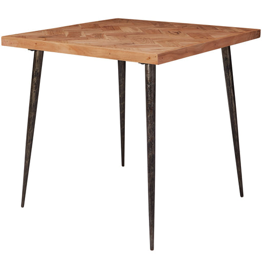 Esszimmertisch 80x76x80cm Akazie Massivholz Metall Industrial mit Holzplatte im Fischgrätmuster und dunklen Metallbeinen.
