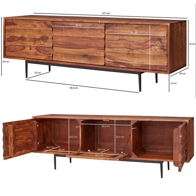 Lowboard WL5.636 Sheesham Massivholz Landhaus 147x50x38cm 3 Türen