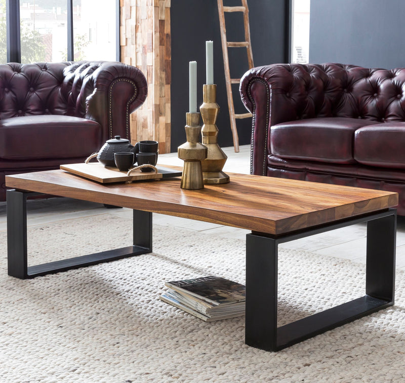 Couchtisch WL5.650 Sheesham 115x35x60cm Massivholz Metallgestell Braun