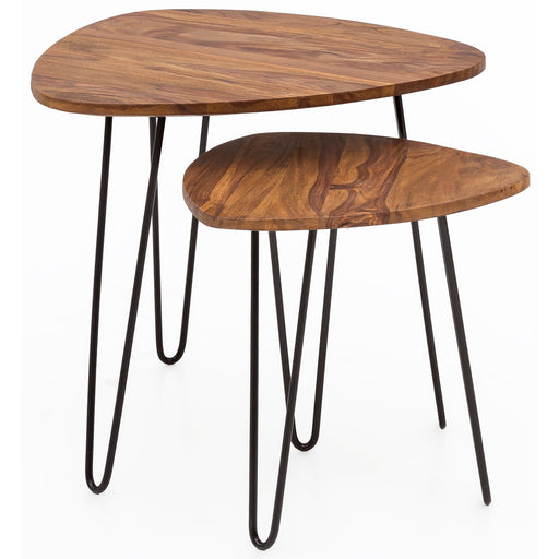 Satztisch Set WL5.659 mit zwei verschachtelten ovalen Tischplatten aus Sheesham und schwarzen Metallbeinen.