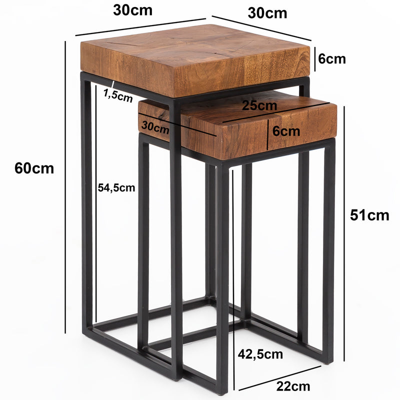 Satztisch WL5.660 2er Set Sheesham Metall Beistelltisch Massivholz