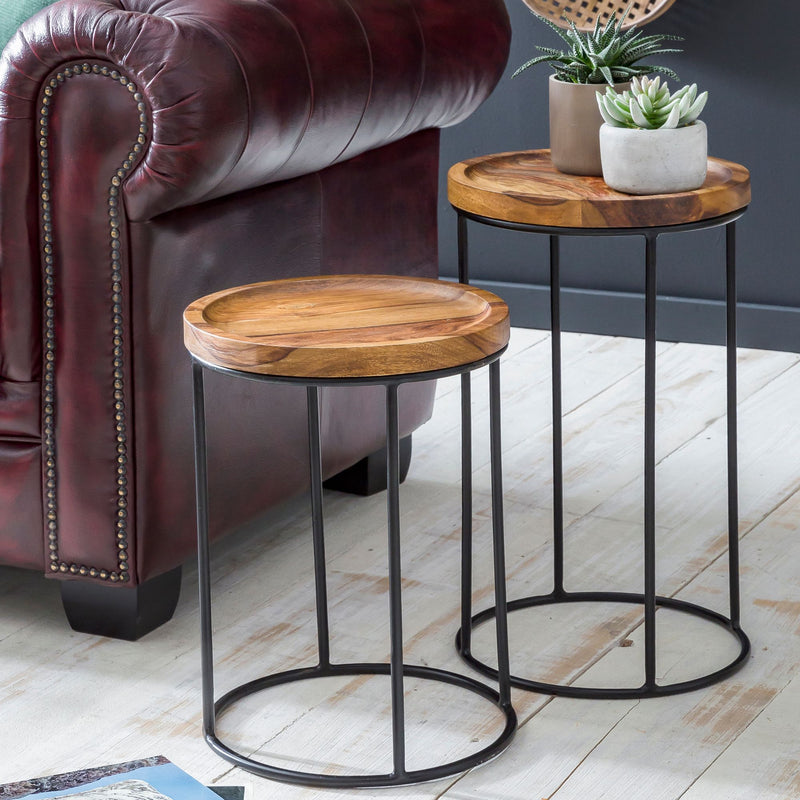 Satztisch Set WL5.661 Sheesham Metall 2er Massivholz Wohnzimmertisch