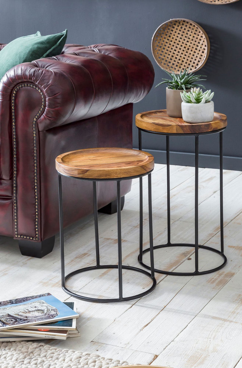 Satztisch Set WL5.661 Sheesham Metall 2er Massivholz Wohnzimmertisch