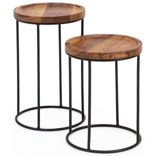Satztisch Set WL5.661 Sheesham mit zwei runden Holzplatten in Natur- und Dunkelbraun auf schwarzen Metallgestellen, Gesamtansicht.