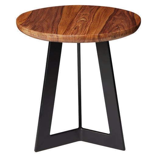 Gesamtansicht des Beistelltisches WL5.665 mit runder Sheesham-Holzplatte und schwarzem Metallgestell im Industrial Style.