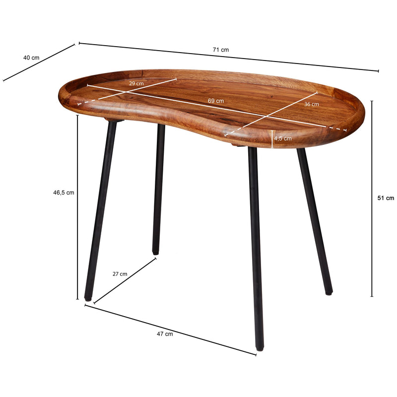 Couchtisch WL5.669 Sheesham massiv Nierenform Metallbeine 71x51x40cm